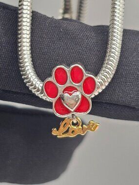 Sterling Silver 925 Rhodium Plated Red Paw with Heart and Dangling Love Charm
